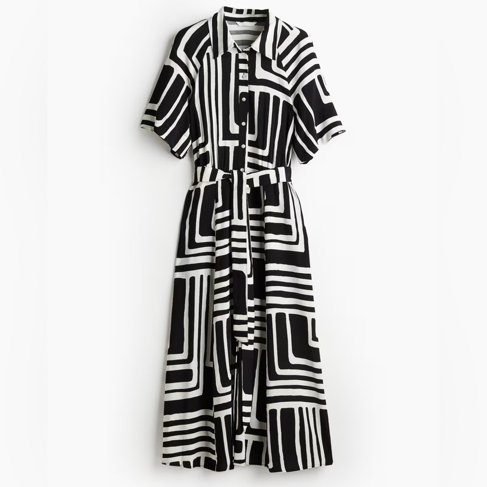 H&M Black and White Geometric Pattern Belt-Tie Shirt Dress